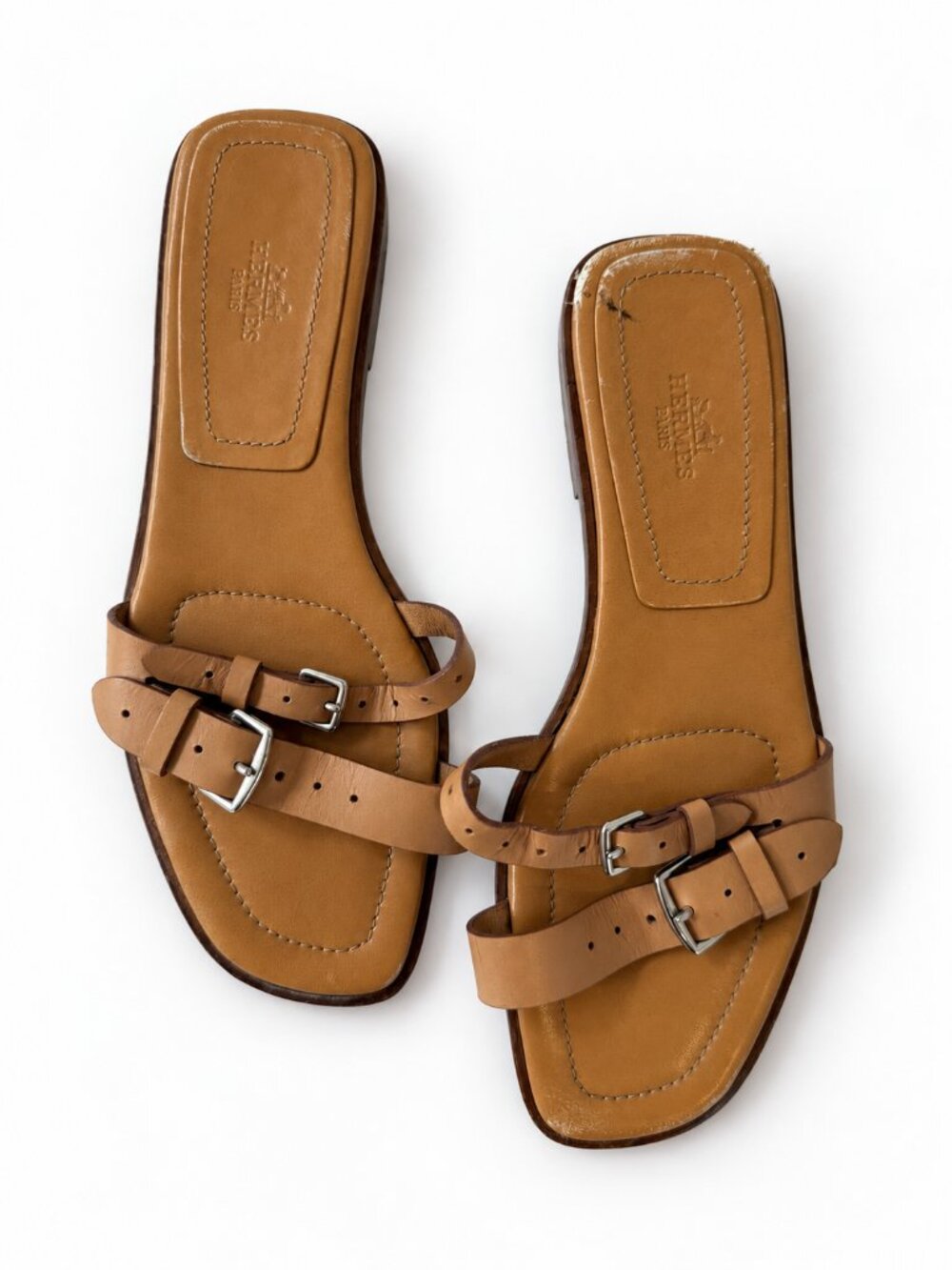 Vintage Hermès Tan Caramel Leather Double Buckle Slide Sandals EU 39